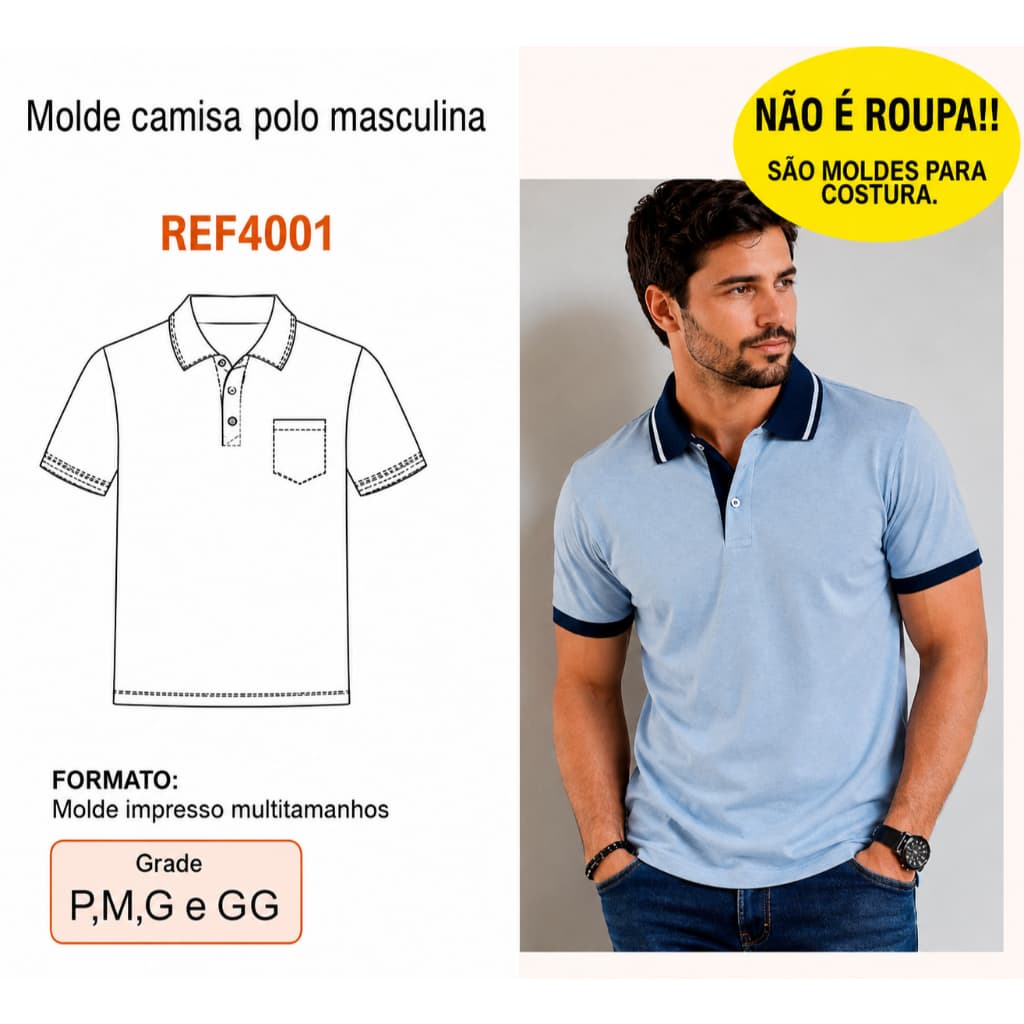 REF4001 Molde Camisa Gola Polo Masculina Impresso Multitamanhos P ao GG