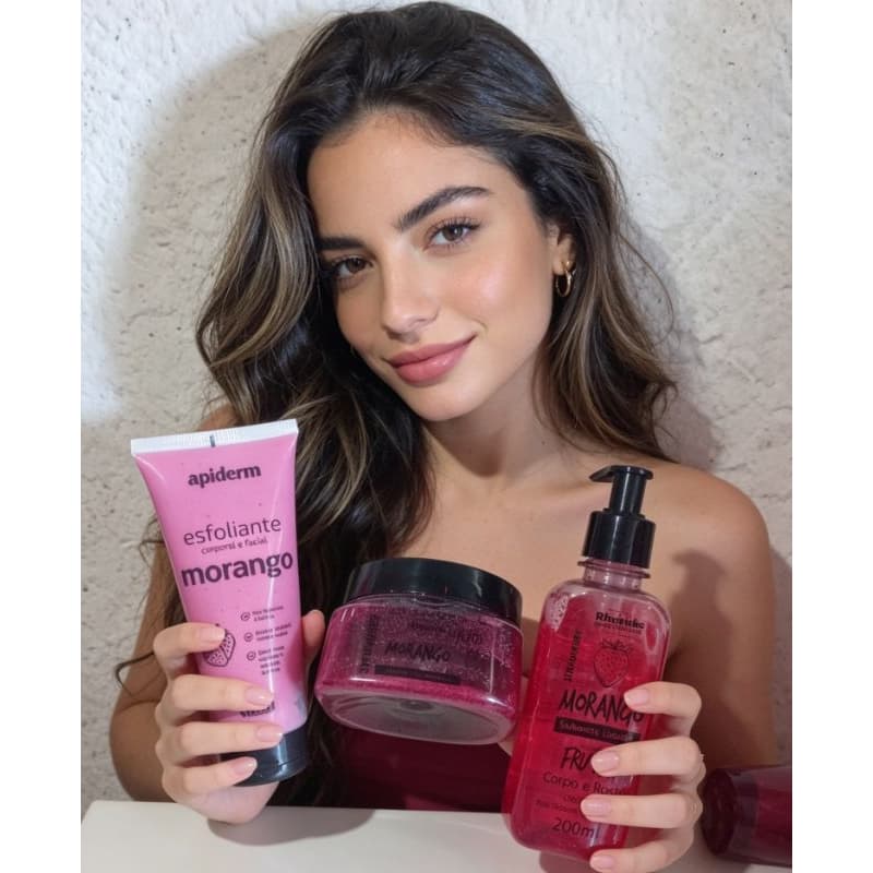 Kit Morango Spa Completo – Esfoliante Facial e Corporal + Sabonete Líquido + Geleia Esfoliante