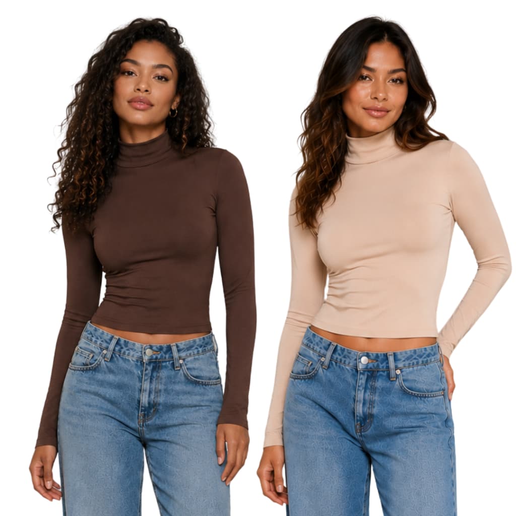 Kit 2 - Blusa Feminina Manga Longa Gola Alta Segunda Pele Básica Gola Estendida Justa Confortável Inverno Baby Tee