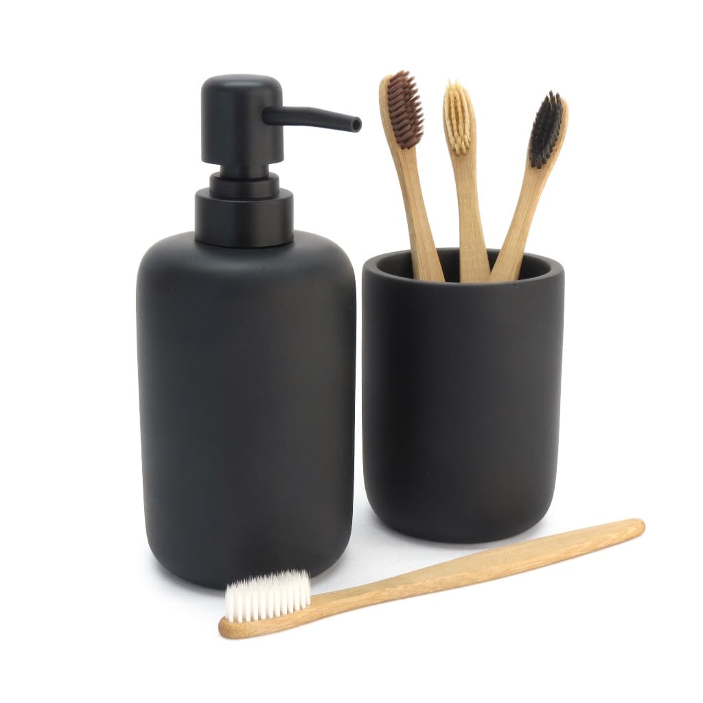 Kit Porta Sabonete Líquido E Porta Escova em Cimento Makeup Preto Matte Para Lavabo