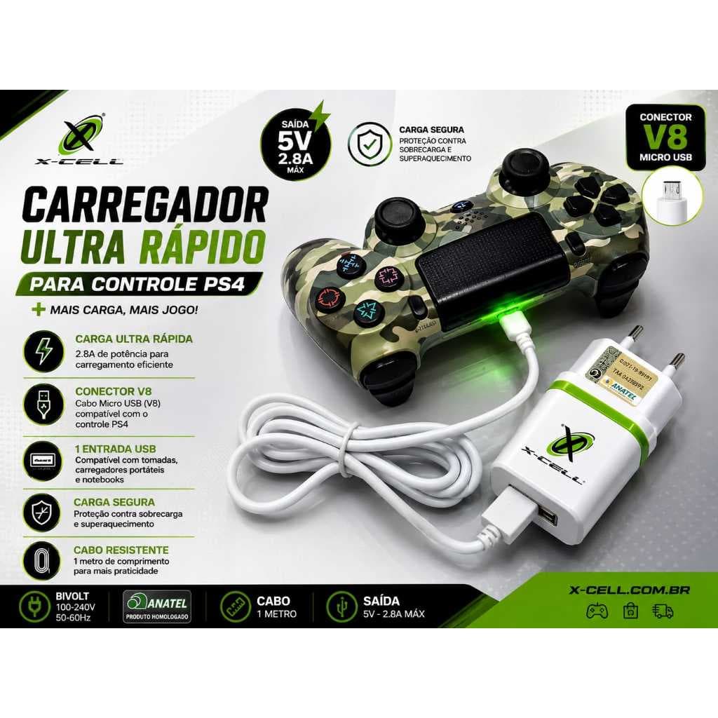 Carregador Ultra Rápido V8 para Controle PS4 DualShock 4 – 5V 2.8A | X-Cell