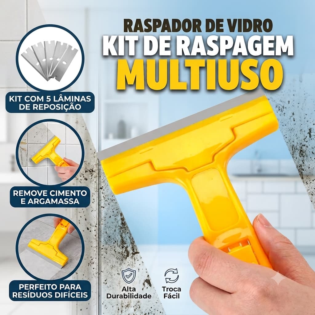 Estilete Raspador de Vidro Rejunte Piso Azulejo Limpeza Multiuso Removedor com 5 Lâminas Extras Aço