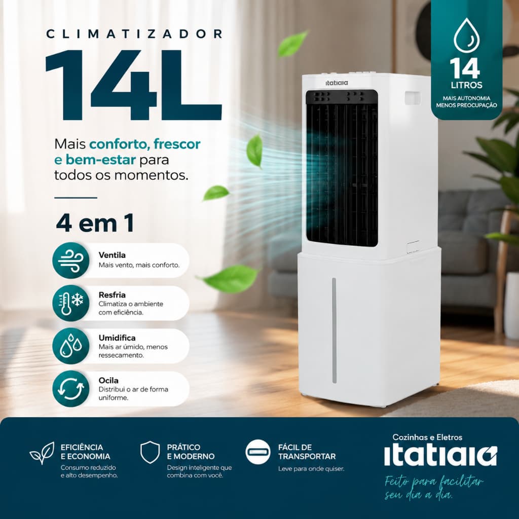 Climatizador de Ar Itatiaia 14L 65W Multifuncional 4 em 1 – Mais Conforto e Frescor