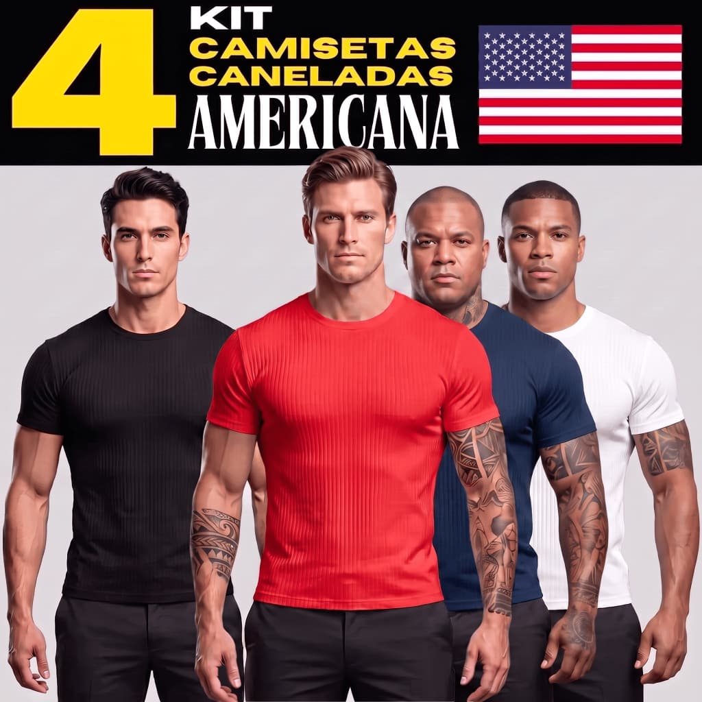 Kit 4 Camiseta Americana Masculina Canelada Slim Fit Básica Ribana Estilo Us Drip Rapper