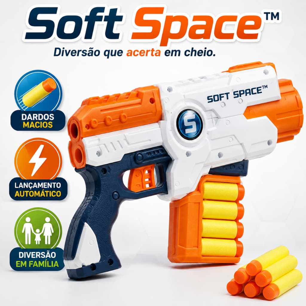 Lançador de Dardos Infantil Automático Soft Space™ com Pente Recarregável e Refis Macios Brinquedo de Pontaria