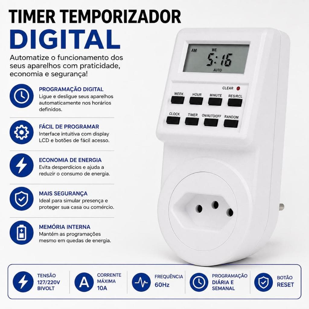 Temporizador Digital Programável Bivolt Timer de Tomada 10A LCD Programação Automática Liga e Desliga