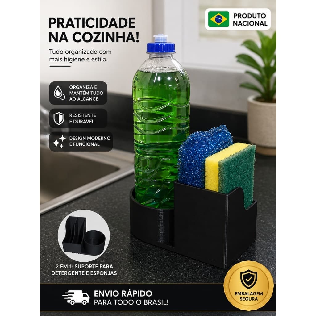 Porta detergente 2 em 1 suporte para Detergente e Esponjas + brinde