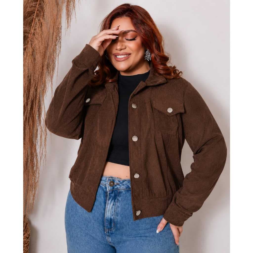 Jaqueta Feminina Plus Size Veludo Cotele Moda Inverno Versatil
