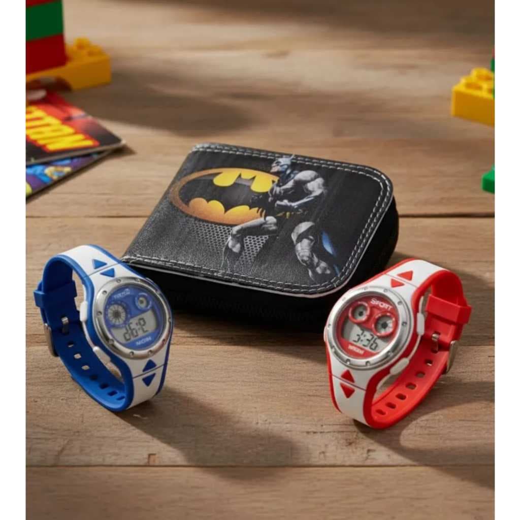Carteira infantil masculino do Batman e relógio digital de led e cronometro seu filho merece .