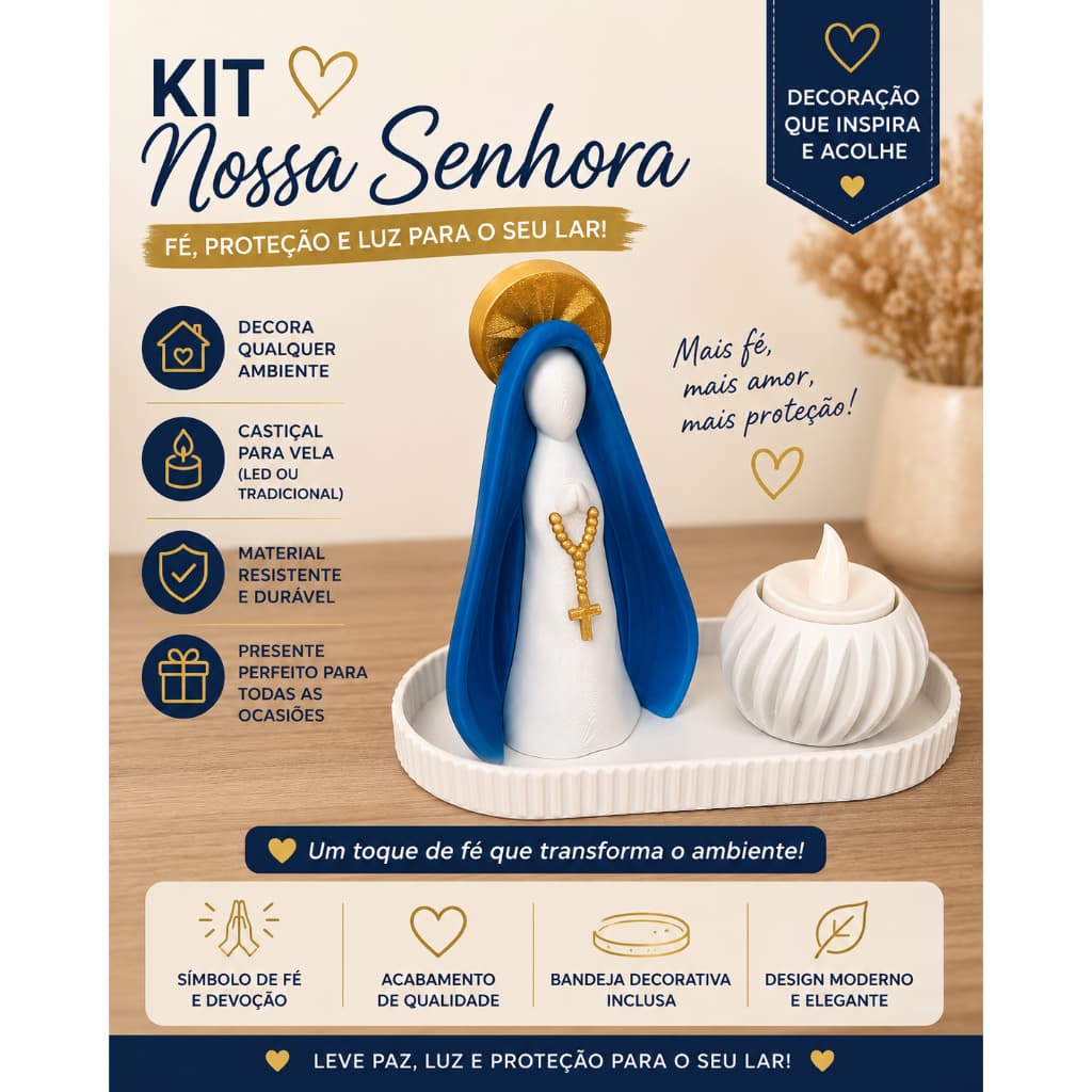 Kit Decorativo Nossa Senhora Aparecida Com Porta Vela LED e Bandeja / Católica Presente Religioso