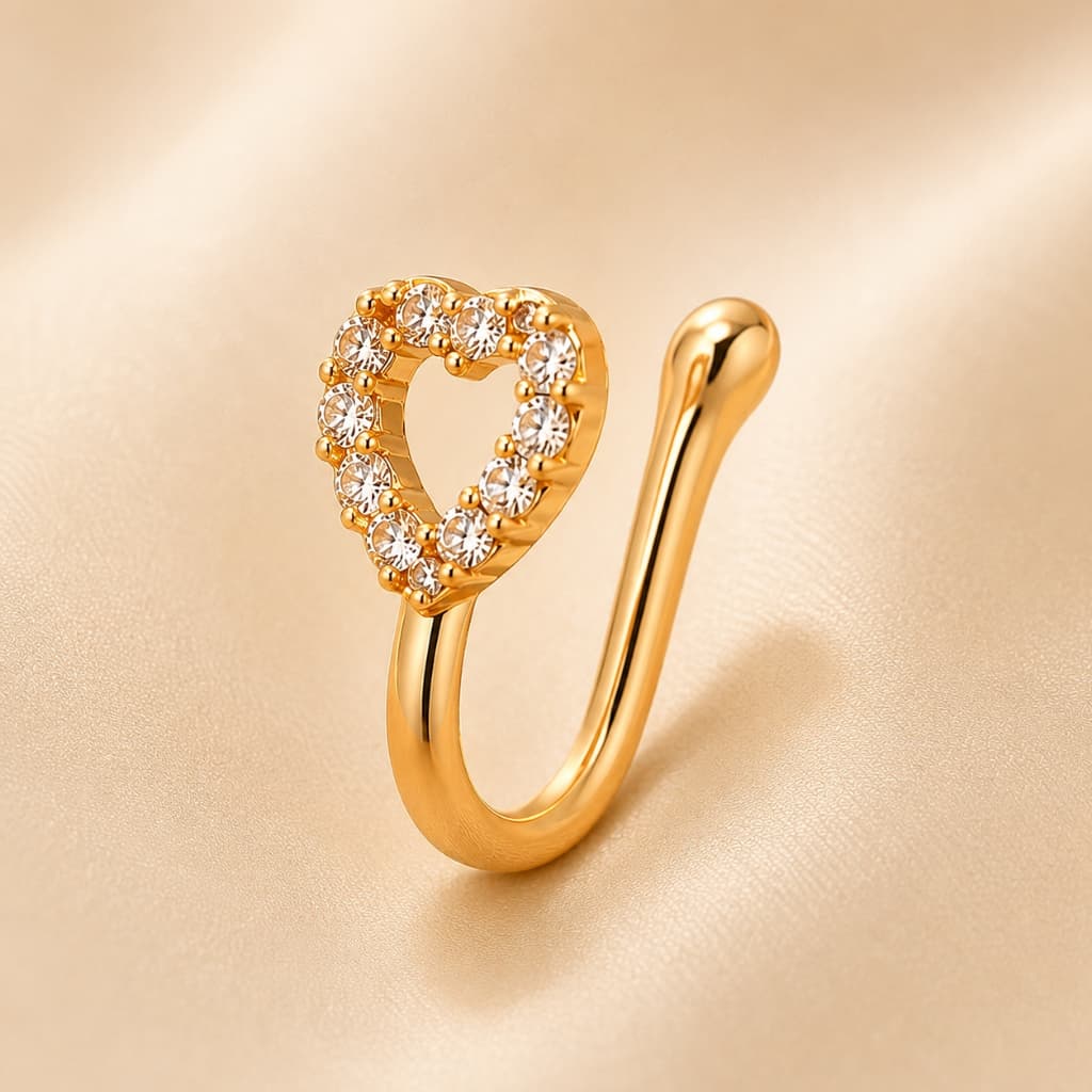 Piercing Falso Nariz Sem Furo Coração Zircônia Piercing de Pressão Feminino Dourado Prata Luxo