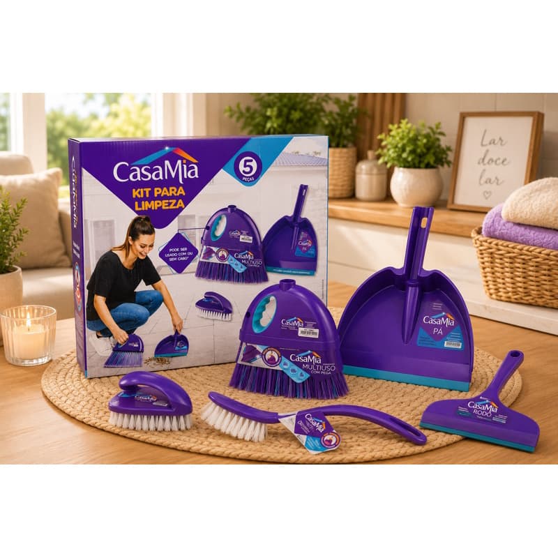 Kit Limpeza 5 Peças CasaMia Escova Multiuso Escovinha Rodinho de Pia Pá de Lixo Limpeza Cozinha Banheiro Área Gourmet