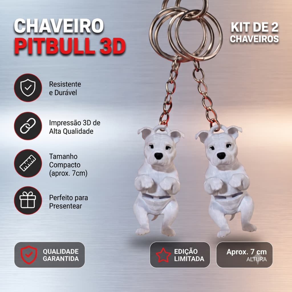 Chaveiro Pitbull 3D Kit Com 2 3 5 ou 10 Unidades Atacado Lembrancinha Cachorro Pet Brinde Evento Encontro de Raças