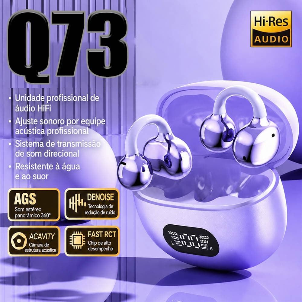 Fone Bluetooth Q73 Ouvido Clip-On Hi-Res Áudio Sem Inserir, Redução Ruído, Autonomia Resistente Suor