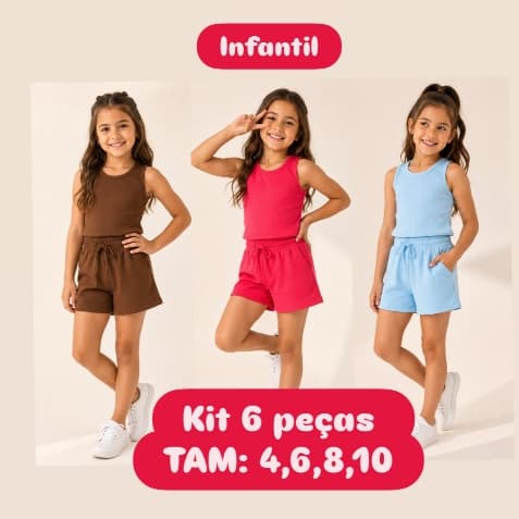 CONJUNTO INFANTIL MENINA 6 PEÇAS COR LISA CONFORT RIBANA REGATA E SHORT