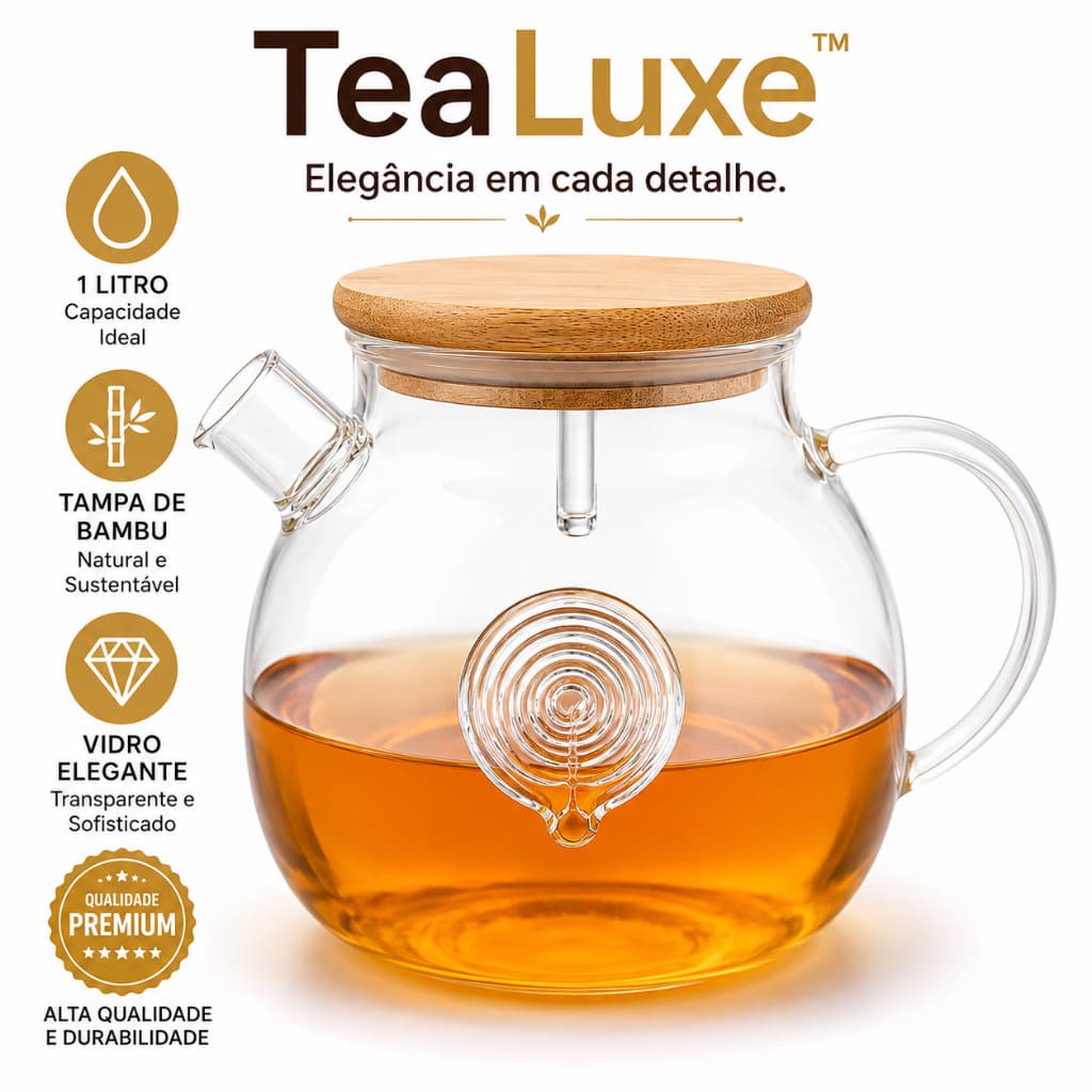 Chaleira de Vidro 1 Litro TeaLuxe™ com Tampa de Bambu Jarra para Chá Café Sucos Elegante