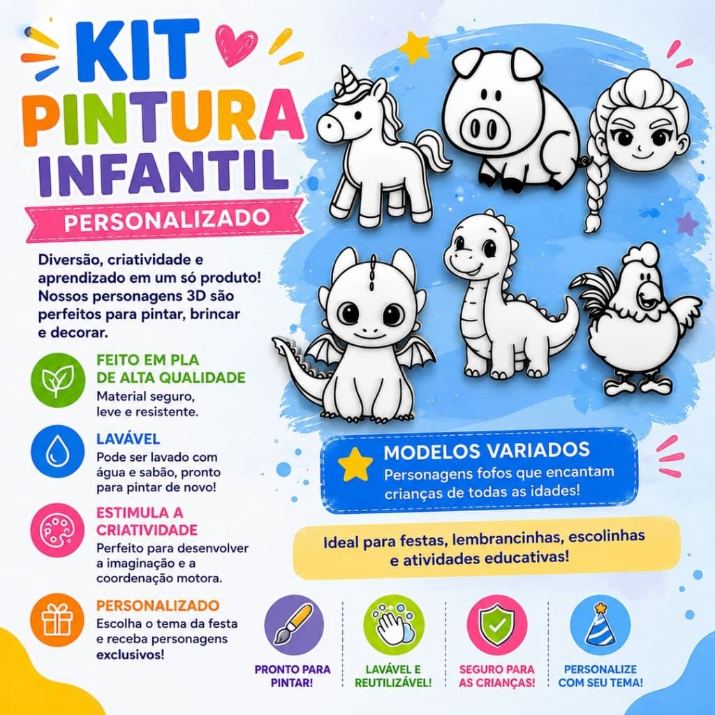 Kit de Pintura Infantil Personalizado Placa de Colorir Lavável e Reutilizável Lembrancinha de Festa Personalizável