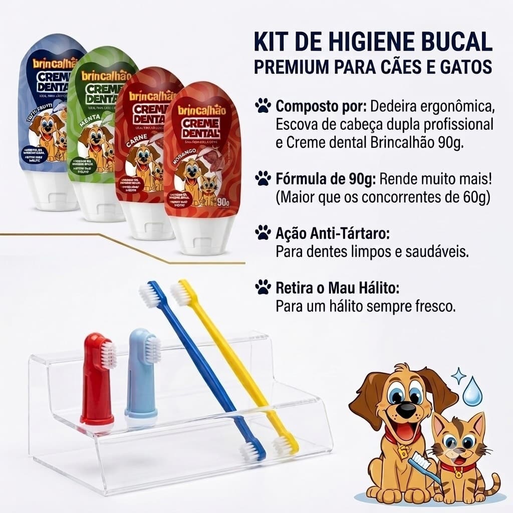 1 Creme Dental 90g 2 Escovas de Dente Para Cães e Gatos Elimina Mal Hálito Tártaro Brincalhão