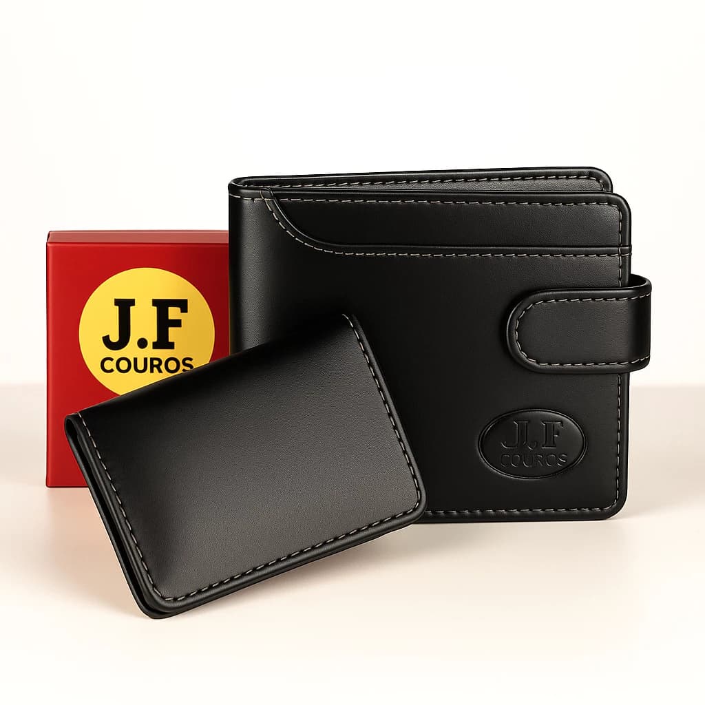 Carteira Masculina de Couro Preta com Fecho + Carteira Slim Pequena em Couro Legítimo Liso