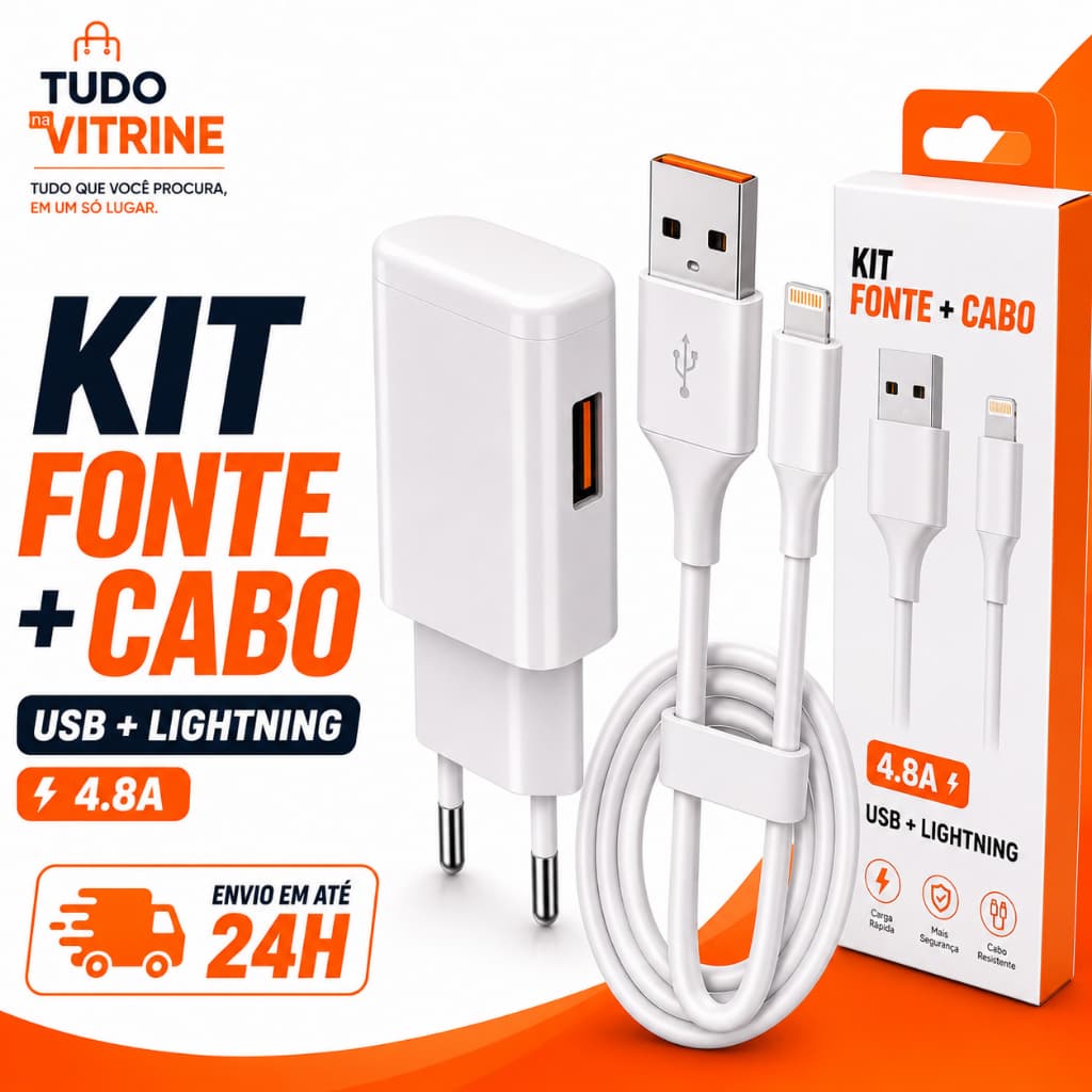 Kit Fonte Carregador USB 3.1A + Cabo Lightning iPhone 1 Metro Carregamento Rápido