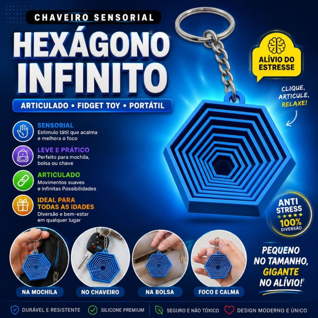 Chaveiro Sensorial Hexágono Infinito Fidget Toy Antiestresse Articulado Alívio Ansiedade Portátil