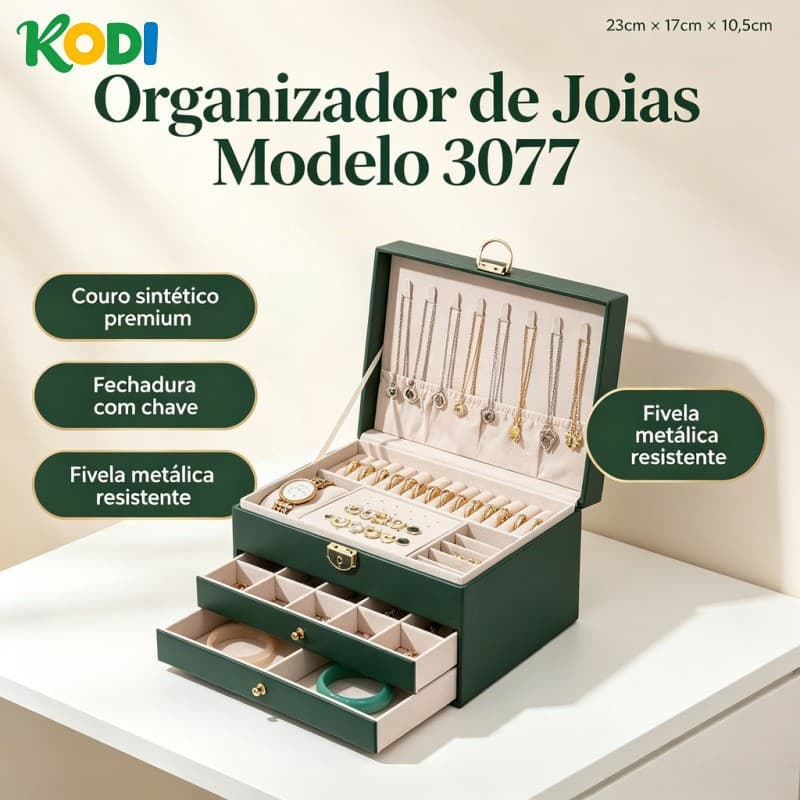 Porta-Joias de Couro Elegante 3 Camadas, com Compartimento para Relógios, Anéis e Brincos, Alta Qualidade - Q19