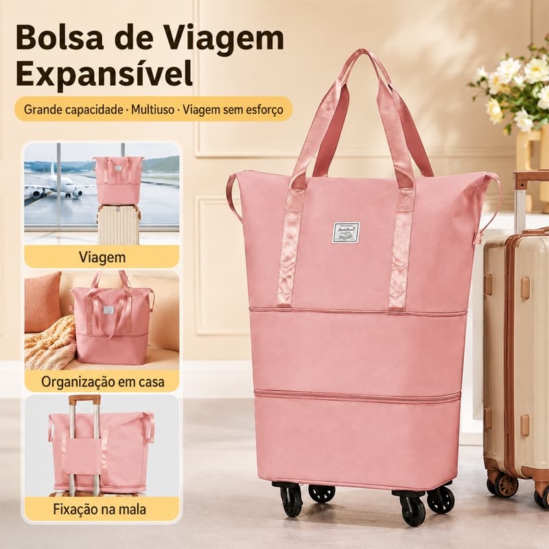 Bolsa Mala de Viagem Feminina com Rodinhas 360° Grande Capacidade Expansível Compartimento Seco Molhado Maternidade