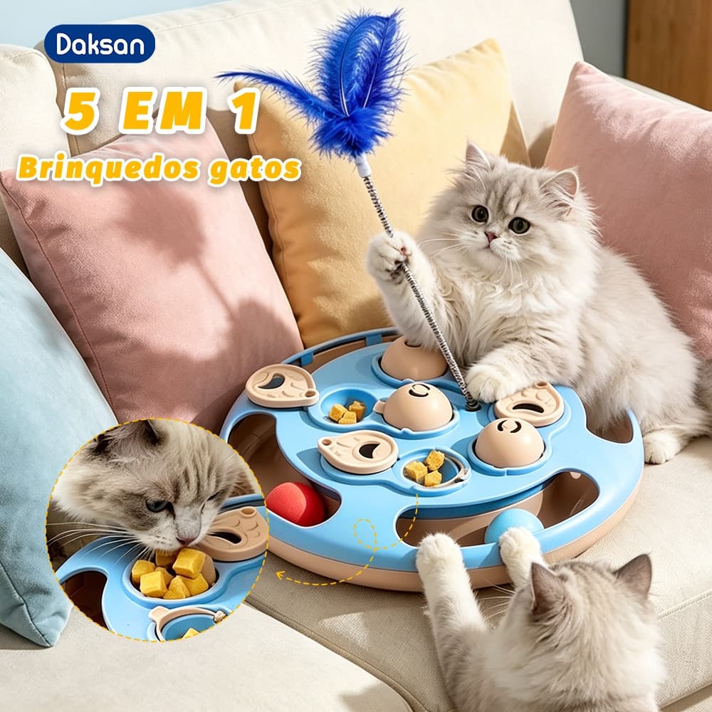 Brinquedo Inteligente para Gatos com Dispenser de Petiscos, Bolinhas Giratórias e Pena