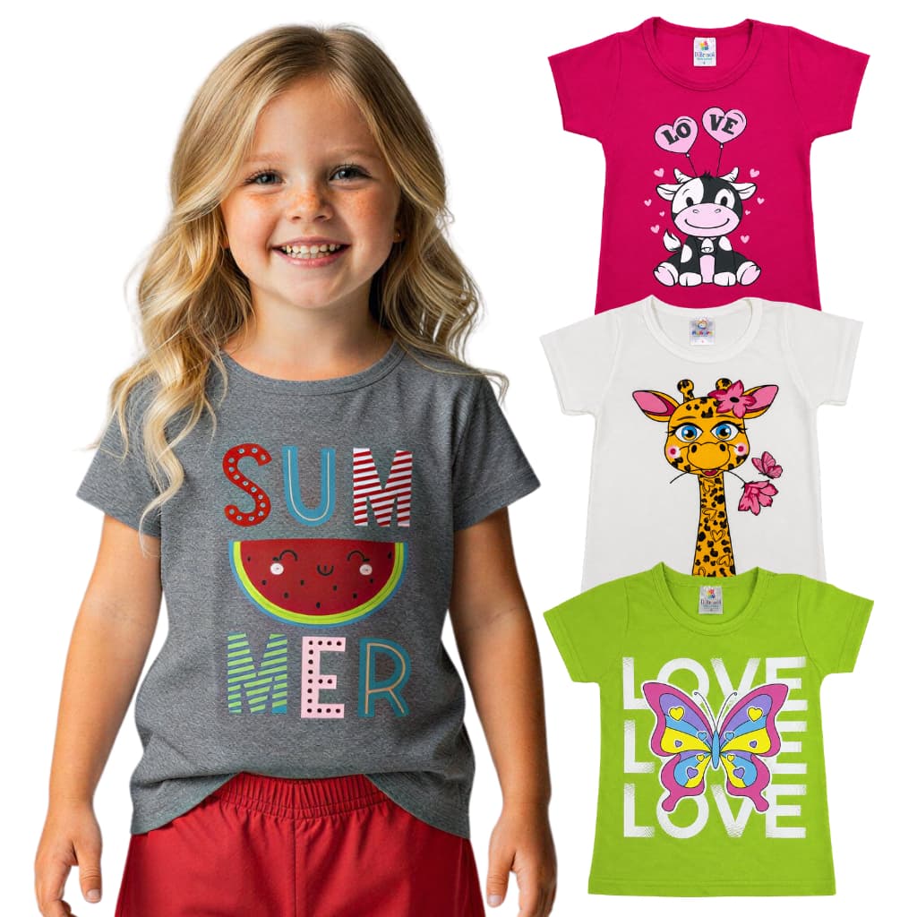 Kit 3 Camiseta Infantil Manga Curta Menina Blusa Qualquer Estação Verão Roupa Bebê Feminino