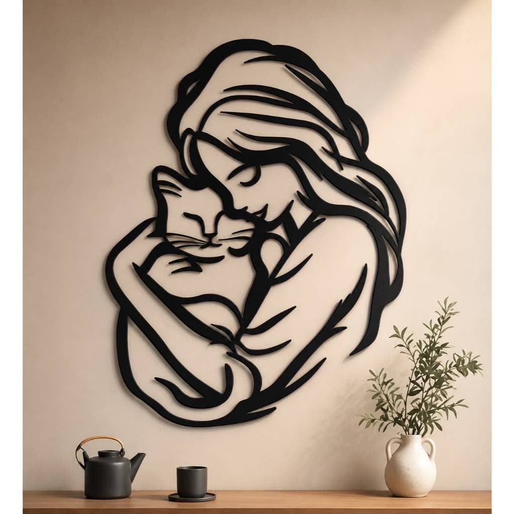 Quadro Escultura de Parede Mãe e Gato MDF 3mm Decoração Quarto Sala Pet Adorno Decorativo com Fita Dupla Face 25x22cm