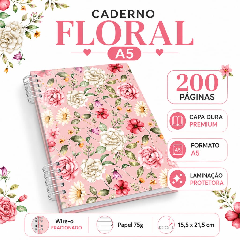 Caderno Floral Capa Dura 200 Páginas A5 ou Universitário 1 Matéria Feminino