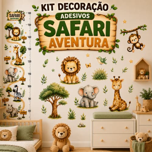 Kit Adesivo de Parede Safari Aventura Infantil + Régua de Crescimento Animais Selva Decoração Quarto Bebê Menino