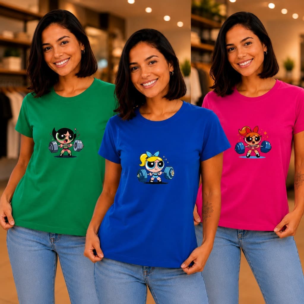 CAMISETA FEMININA MENINAS PODERAS ALGODÃO PERSONAGENS TSHIRT CONFORTÁVEL