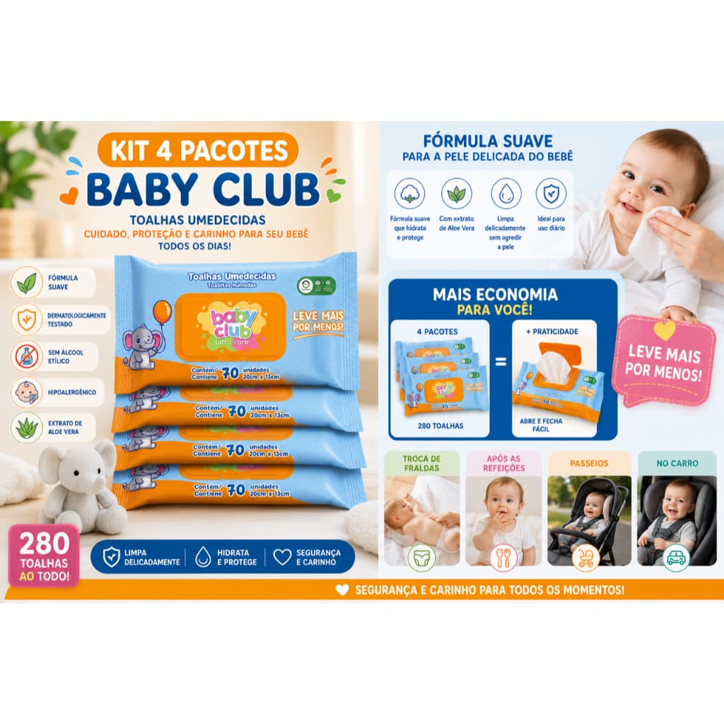 04 Pacotes Toalha Umedecida 70 Folhass Baby Club PAGUE MENOS