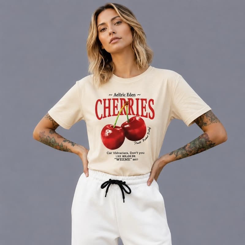 Camiseta T-Shirt Feminina Cherry Estampada Bordô 100% Algodão Premium Casual Moda 2026 Baby Look