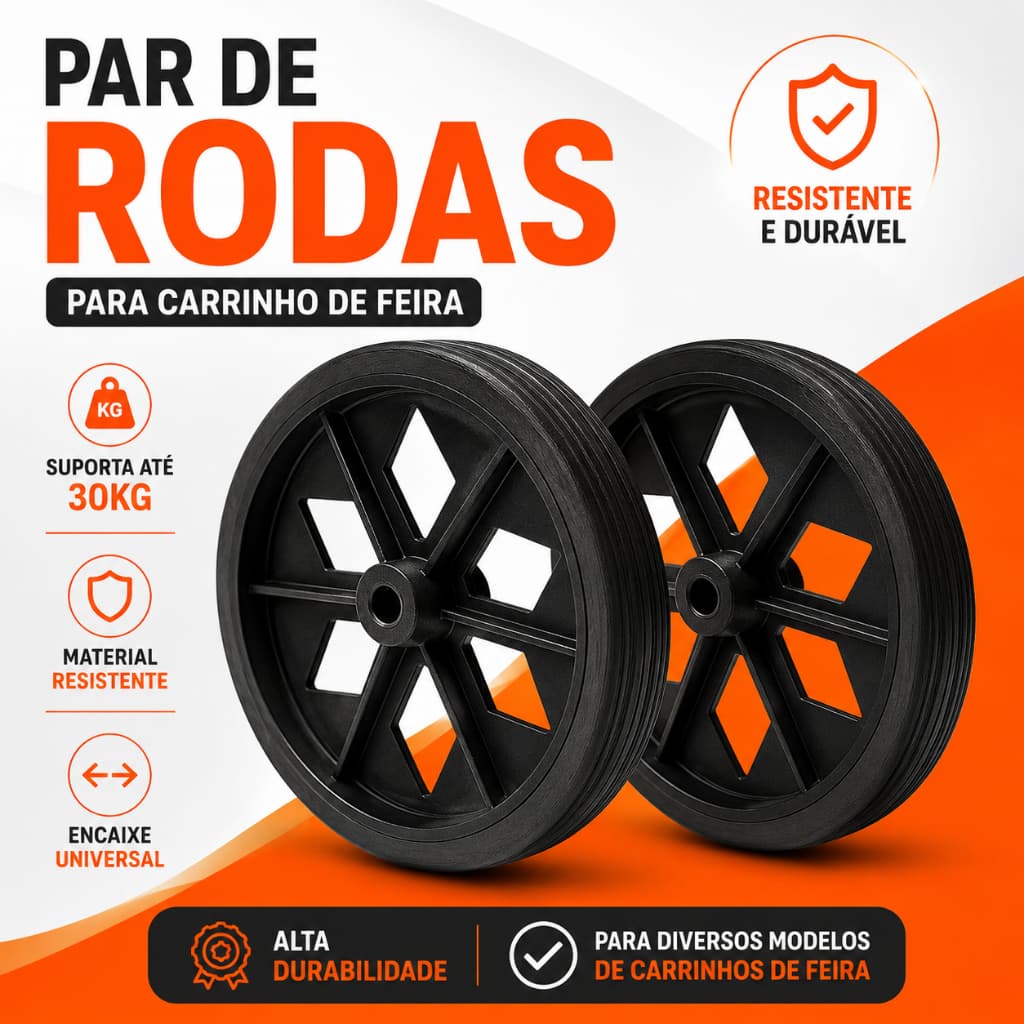 Par de Rodas para Carrinho de Feira Aberta 16 cm de Plástico Preto Até 30 kg Kit 2 Rodinhas Kaori
