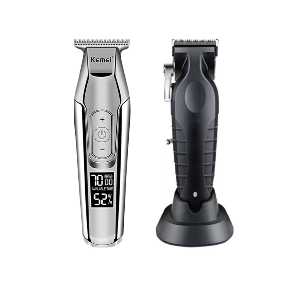 Kit Barbeiro Profissional Kemei 5027 + 2296 Máquina de Cortar Cabelo e Aparador de Barba Sem Fio Completo