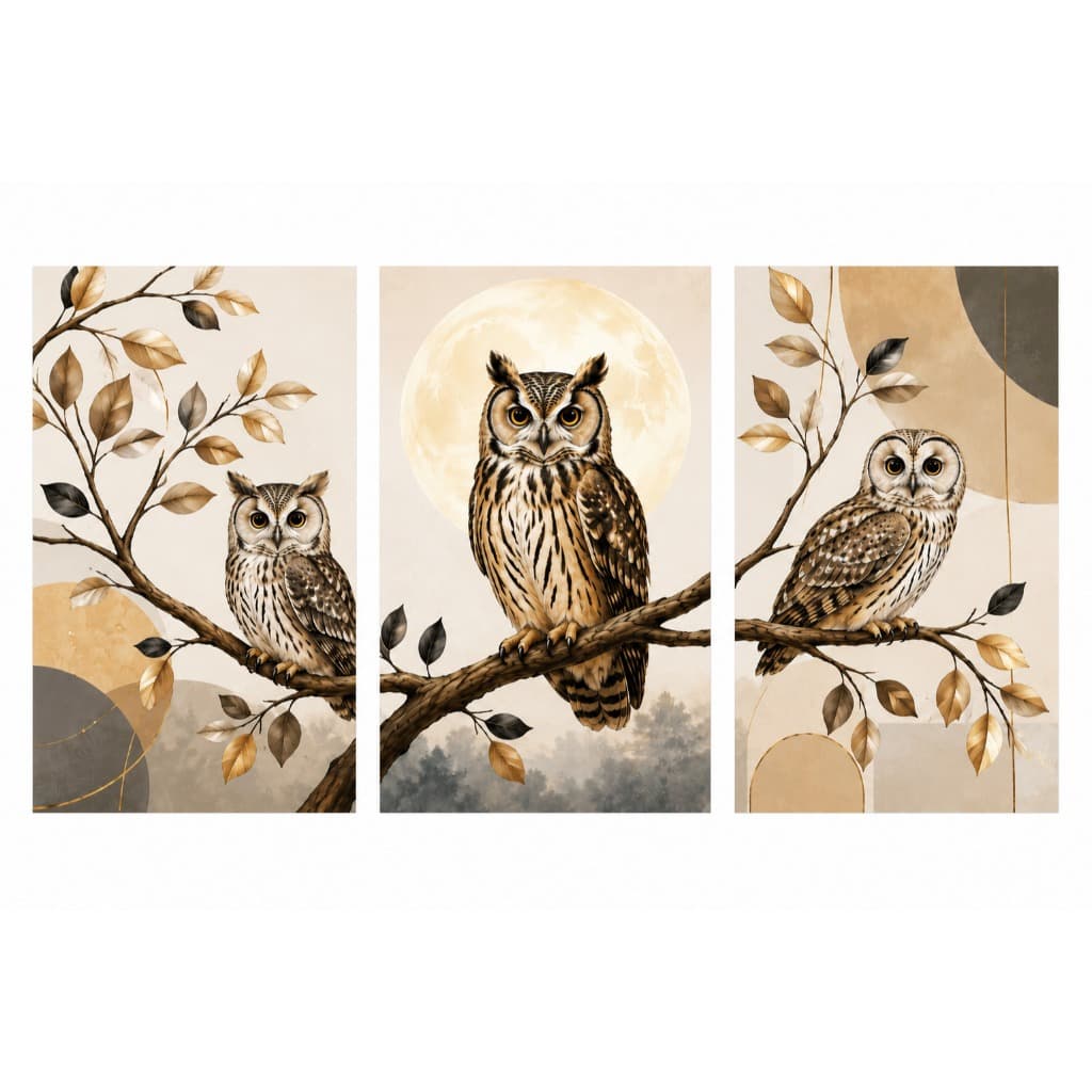 Kit 3 Quadros Corujas Lua e Folhagens Arte Contemporânea Decorativa
