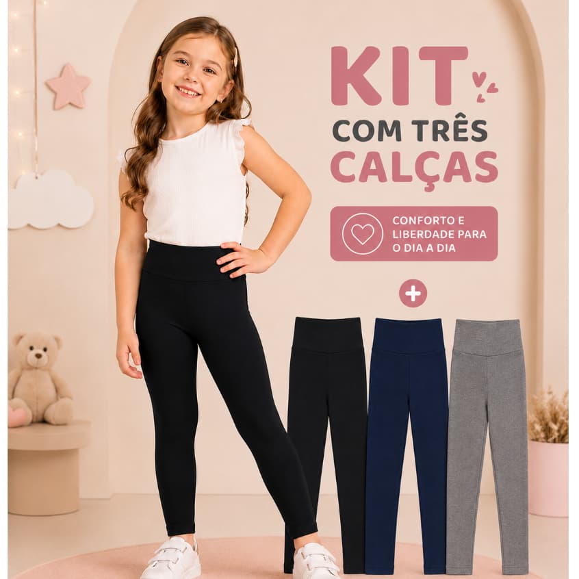 Kit Com 3 Calças Legging Suplex Moda Infantil Lisa Confortável Escolar