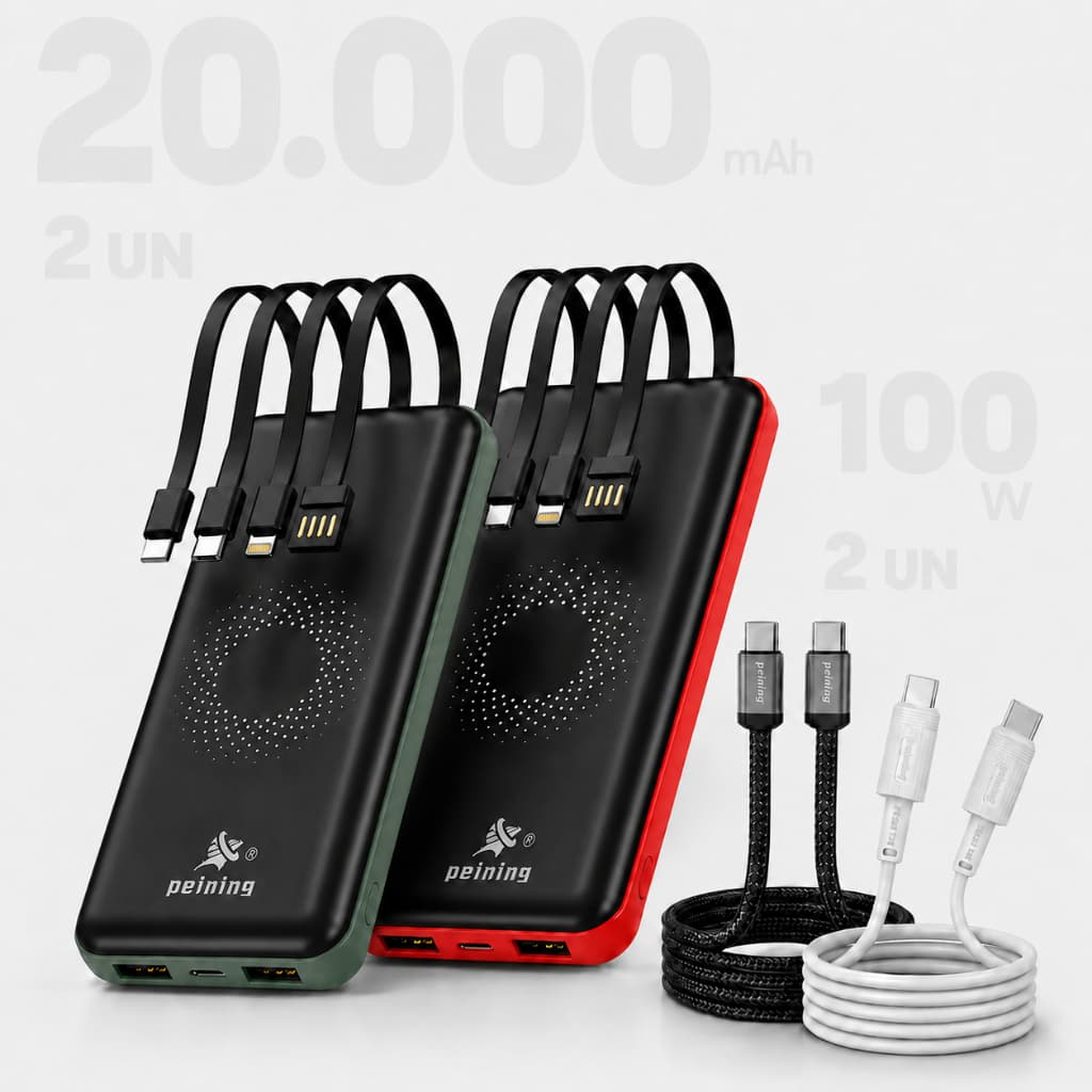 Kit 2 Power Banks Indução de 20.000mAh Vermelho + Verde + 2 Unidades Cabos USB-C/USB-C Preto e Branco 60W