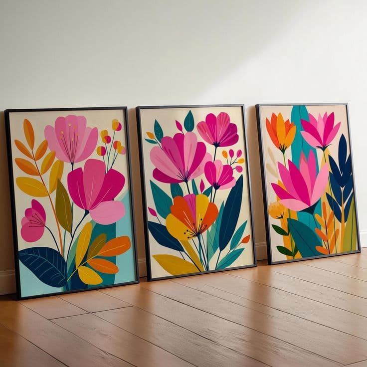 Quadros decorativos Trio Floral Colorido Flores Abstratas Moderno Sala Quarto (3 peças)