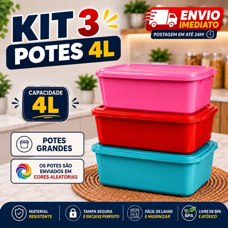 Kit 3 Potes 4 litros Retangular Plástico Orgazinar e Armazenar Alimentos Reutilizável