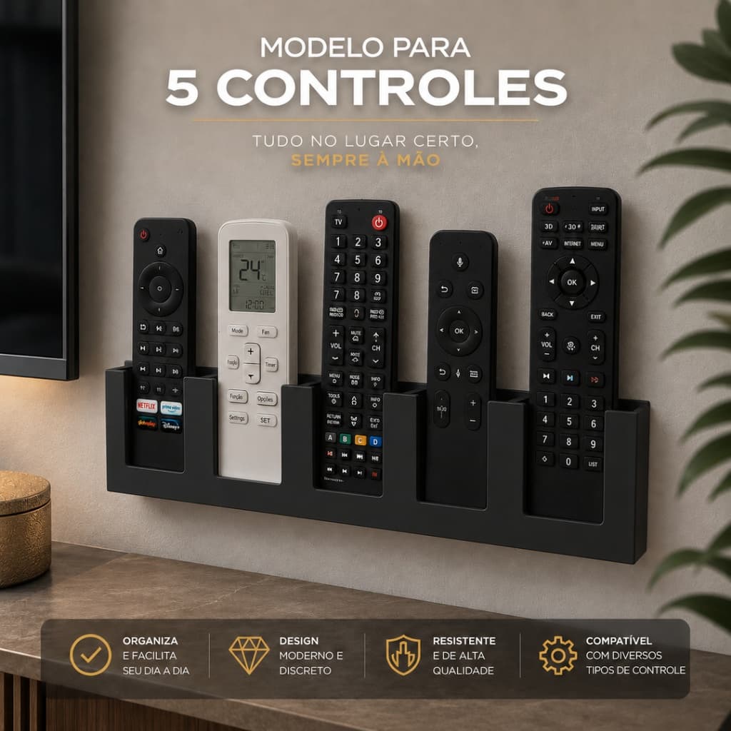 Porta Controle Remoto de Parede 2 3 4 5 Lugares Organizador para TV e Ar-Condicionado com Dupla Face Preto