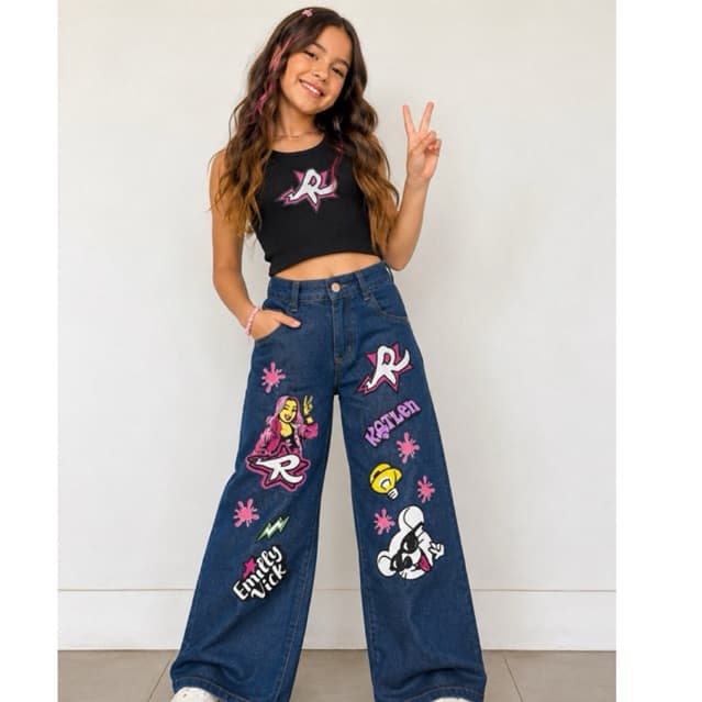 Calça Jeans Infantil Wide Leg Emilly Vick Feminina Cós Ajustável Estampada Premium Fashion