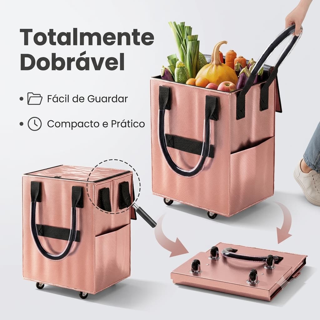 Sacola de Compras com Rodinhas Grande Capacidade Alças Reforçadas Rodas 360° Dobrável