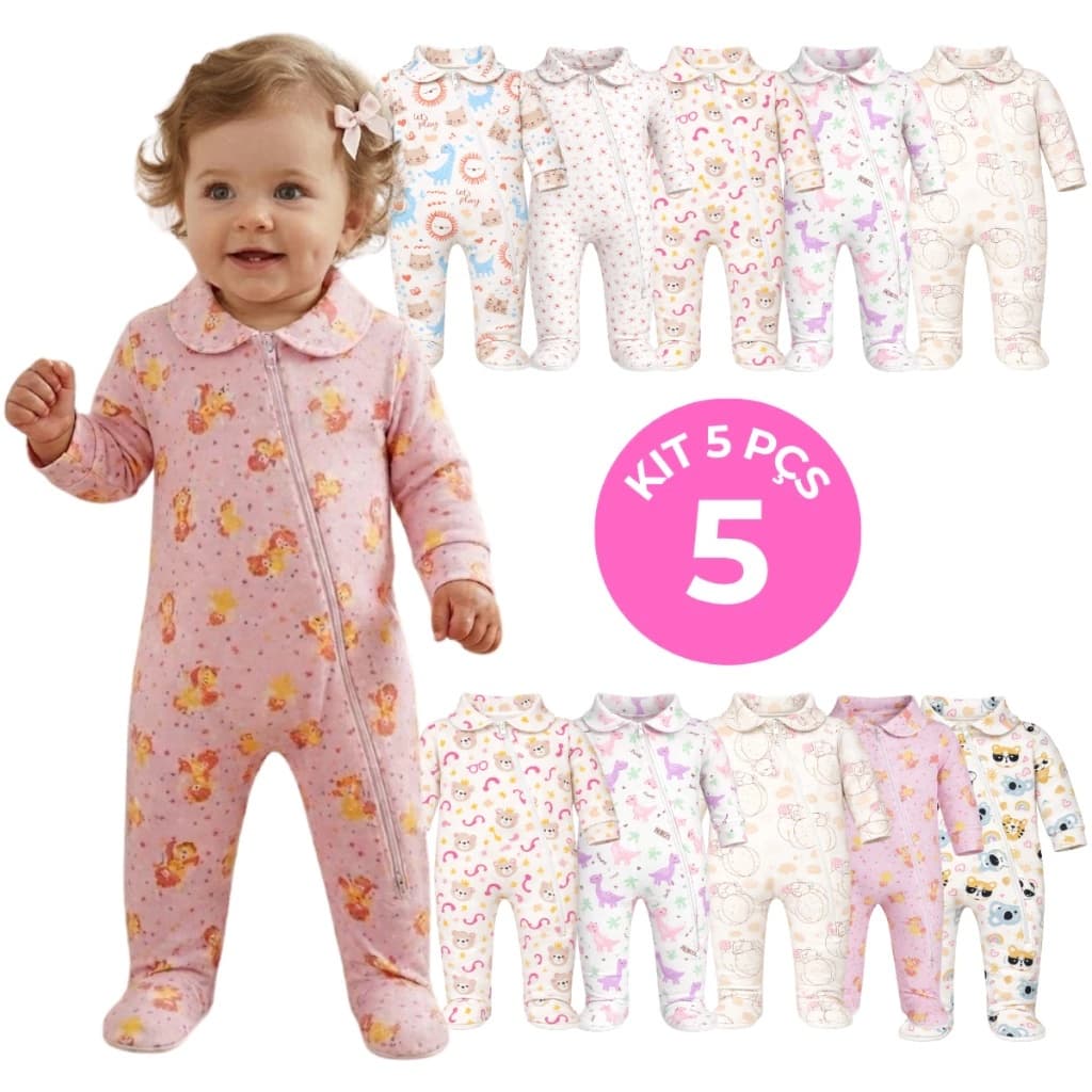 Kit 5 Macacão Longo Bebê Menina Ribana Estampada Algodão com Zíper Menino Enxoval Top Maternidade