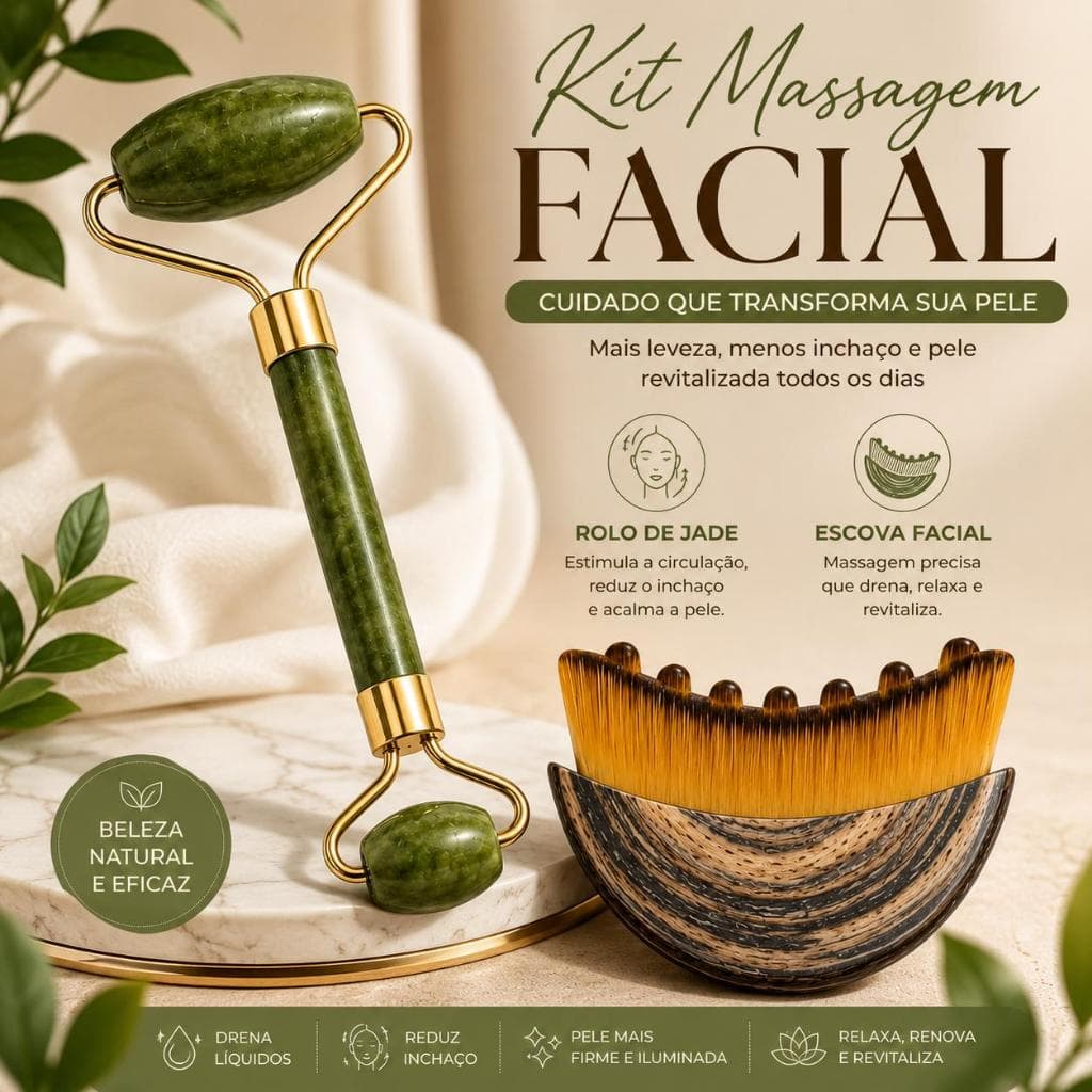 Kit Massageador Facial Roller de Jade + Escova de Massagem Linfática | Drenagem Facial, Relaxamento e Cuidados com a Pel