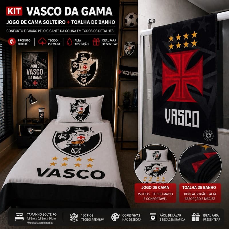 Kit Jogo de Cama Solteiro + Toalha de Banho Vasco da Gama Oficial 100% Algodão Presente para Torcedor