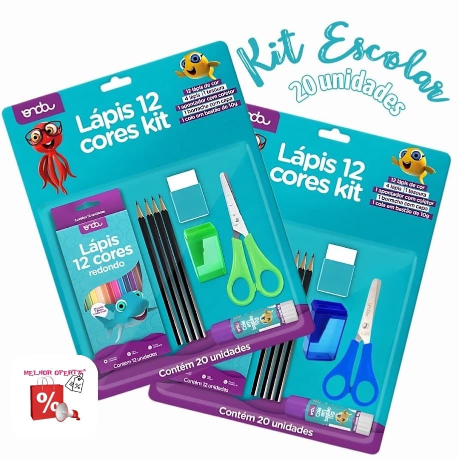 KIT MATERIAL ESCOLAR LAPIS DE COR 12 CORES 4 LAPIS BORRACHA APONTADOR TESOURA COLA ONDA