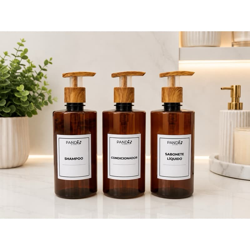 Kit Banheiro 03 Frascos Âmbar Luxo 500ml + Pump Bambu - Shampoo, Cond Sab Liquido